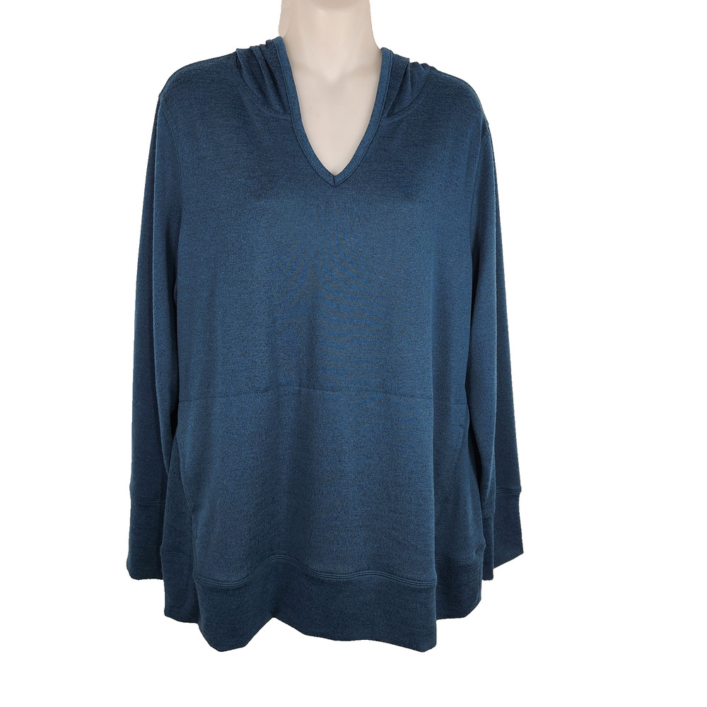 Denim & Co Active Women Heavenly Jersey Top Long Sleeve Hood Medium Pocket Green